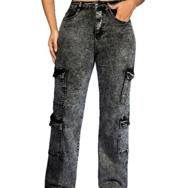 Women's Clothing High Elastic Multi Pocket Cargo Pants American Style Denim Trousers Hot Selling Jeans_mkmklike.com