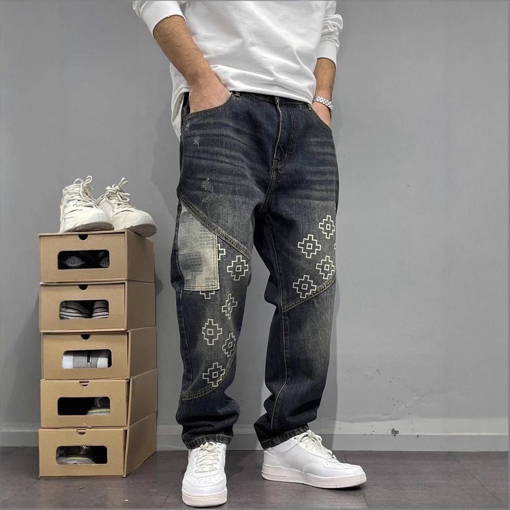Men's Clothing Patterned Denim Jeans Straight Leg Loose Fit Casual And Versatile Long Pants High Street Style Style Men's Clothing_mkmklike.com
