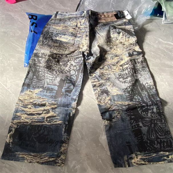Fashion European-USA Hip-Hop Vintage Jeans Men Cotton Mid Waist Broken Hole Graffiti Destroys 3D Digital Print Straight Type Washed Denim Pants S-3XL_mkmklike.com