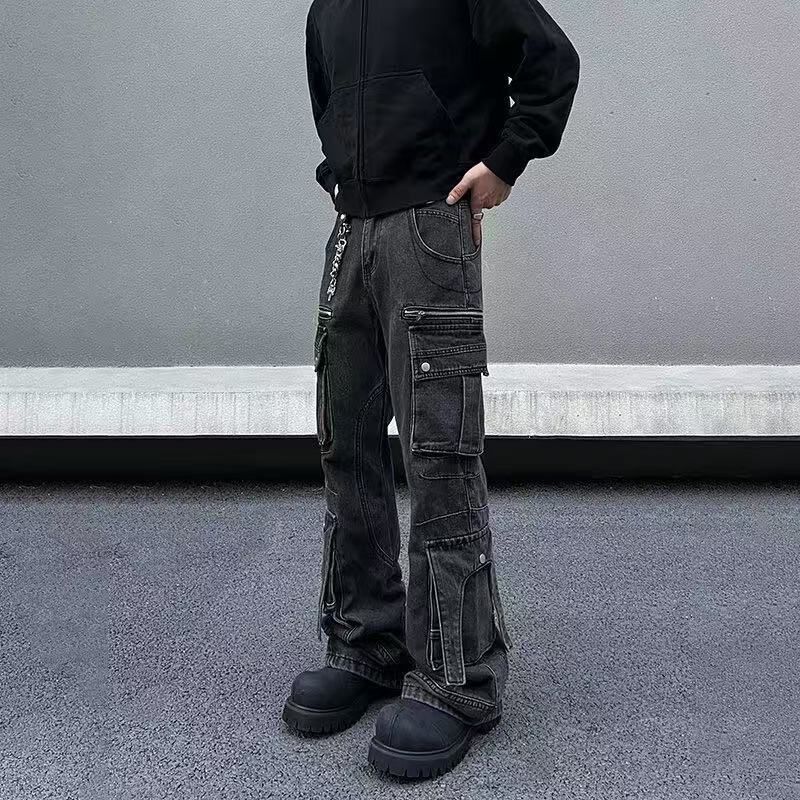 Vintage Washed Gray Cargo Pants – Relaxed Wide-Leg Fit, Multi-Pocket Utility Design, Streetwear Staple, Retro Denim Trousers For Men_mkmklike.com