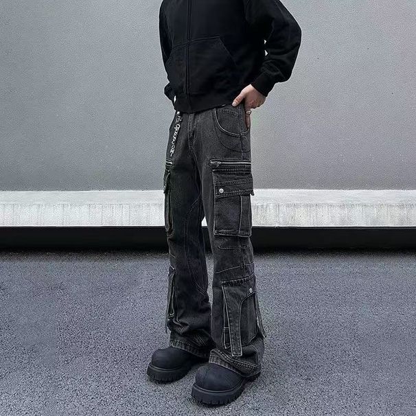Vintage Washed Gray Cargo Pants – Relaxed Wide-Leg Fit, Multi-Pocket Utility Design, Streetwear Staple, Retro Denim Trousers For Men_mkmklike.com