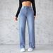 Washed Distressed Denim Straight Pants Vintage Women Jean Pockets High Waist Loose Fit Ankle Length Wide Leg Pants Basics_mkmklike.com