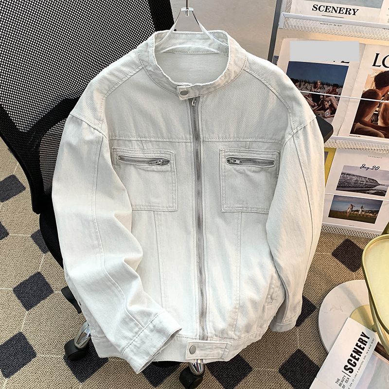 Men's Clothing Washed Distressed Deconstructed Stand Collar Denim Jacket For Men American Style Design Canvas Zipper Jacket Trendy_mkmklike.com