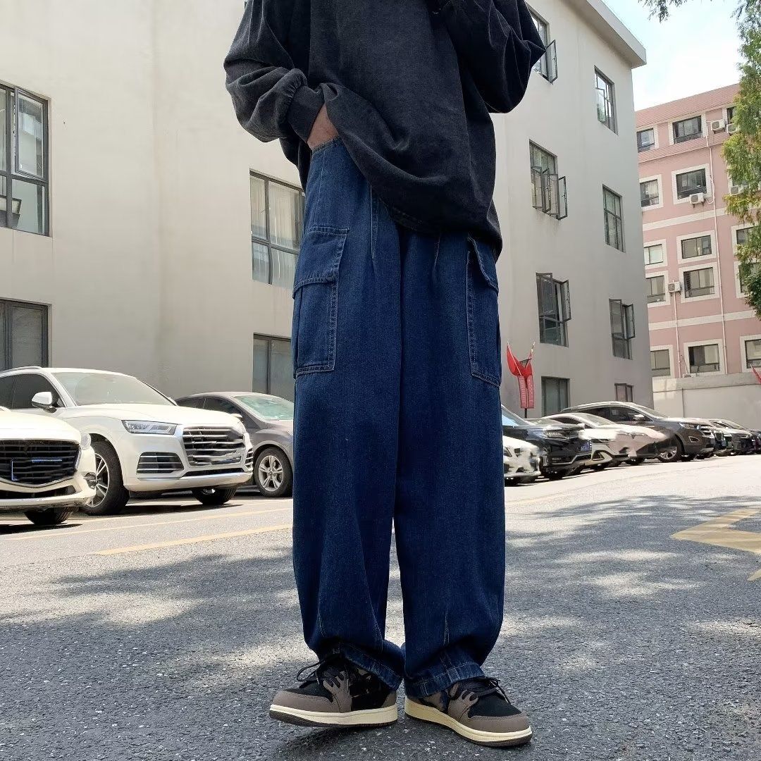 Vintage Washed Cargo Jeans For Men – Oversized Pockets & Relaxed Straight Fit, Streetwear Essential_mkmklike.com