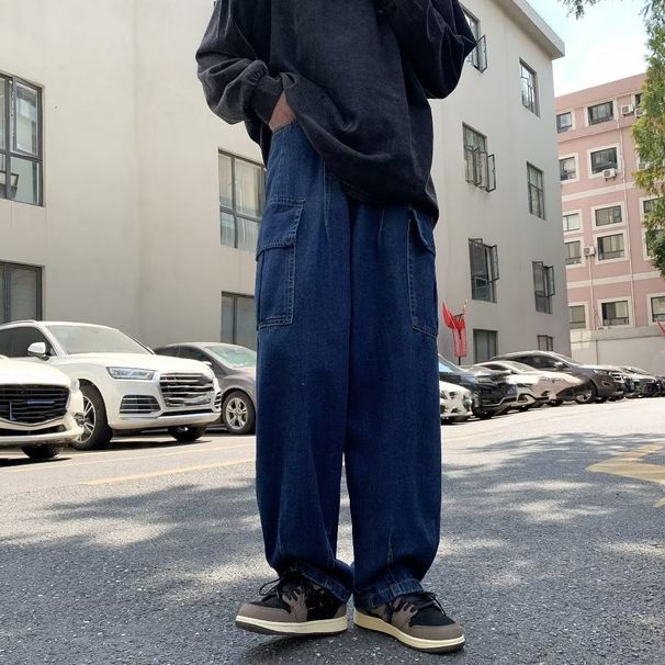 Vintage Washed Cargo Jeans For Men – Oversized Pockets & Relaxed Straight Fit, Streetwear Essential_mkmklike.com