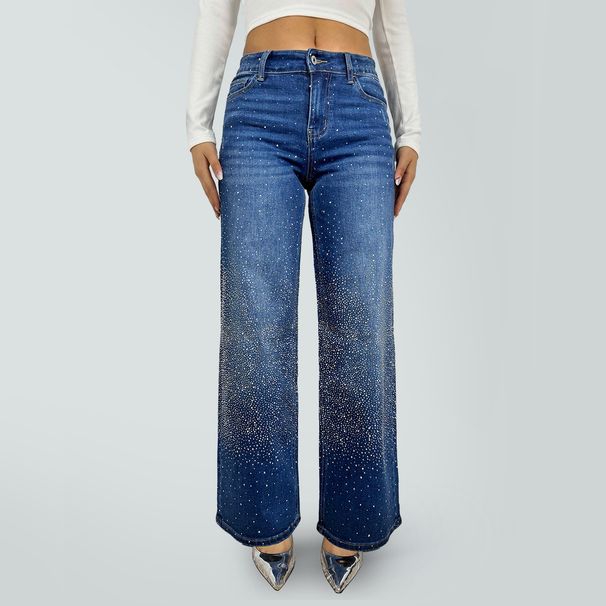 Women's European American Style Starry Rhinestone Denim Jeans Loose Straight Leg Casual Trousers Sparkly Street Style Long Pants_mkmklike.com