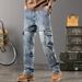 Street Retro Washed Denim Pants For Both Men And Women, Featuring Multiple Pockets And A Straight Fit, Loose Fitting Denim Pants_mkmklike.com