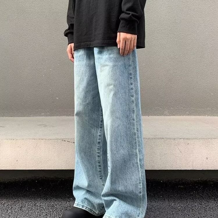 Light Blue Denim Jeans For Men Retro Washed Distressed Straight Leg Loose Wide Leg_mkmklike.com