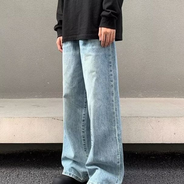 Light Blue Denim Jeans For Men Retro Washed Distressed Straight Leg Loose Wide Leg_mkmklike.com