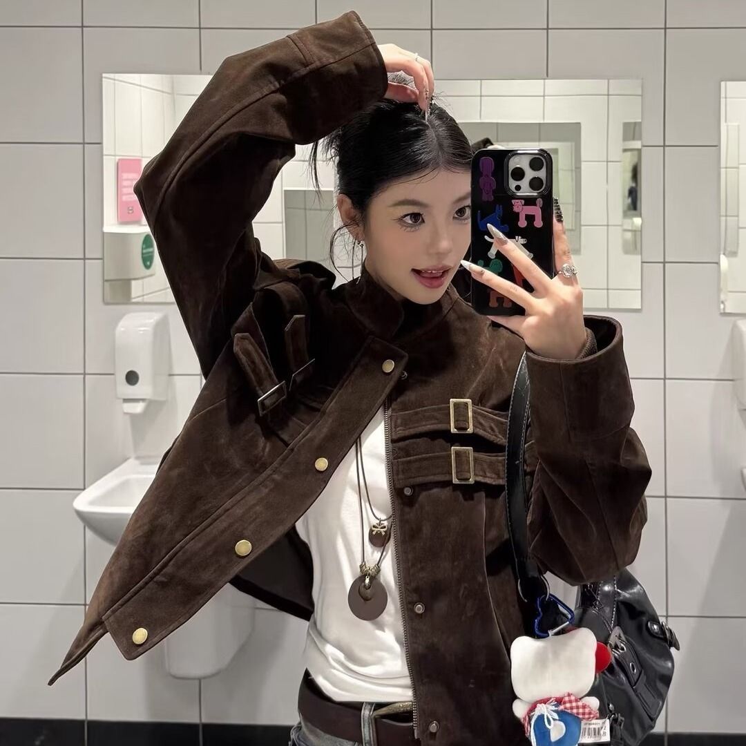 Women's Short Suede Jacket, Spring And Autumn 2025 New Korean Style, High-end Feel, Loose Fit, Suitable For Petite_mkmklike.com
