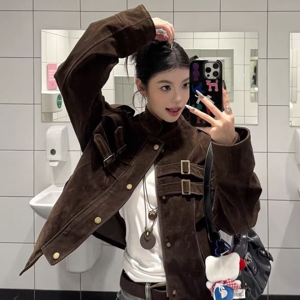 Women's Short Suede Jacket, Spring And Autumn 2025 New Korean Style, High-end Feel, Loose Fit, Suitable For Petite_mkmklike.com