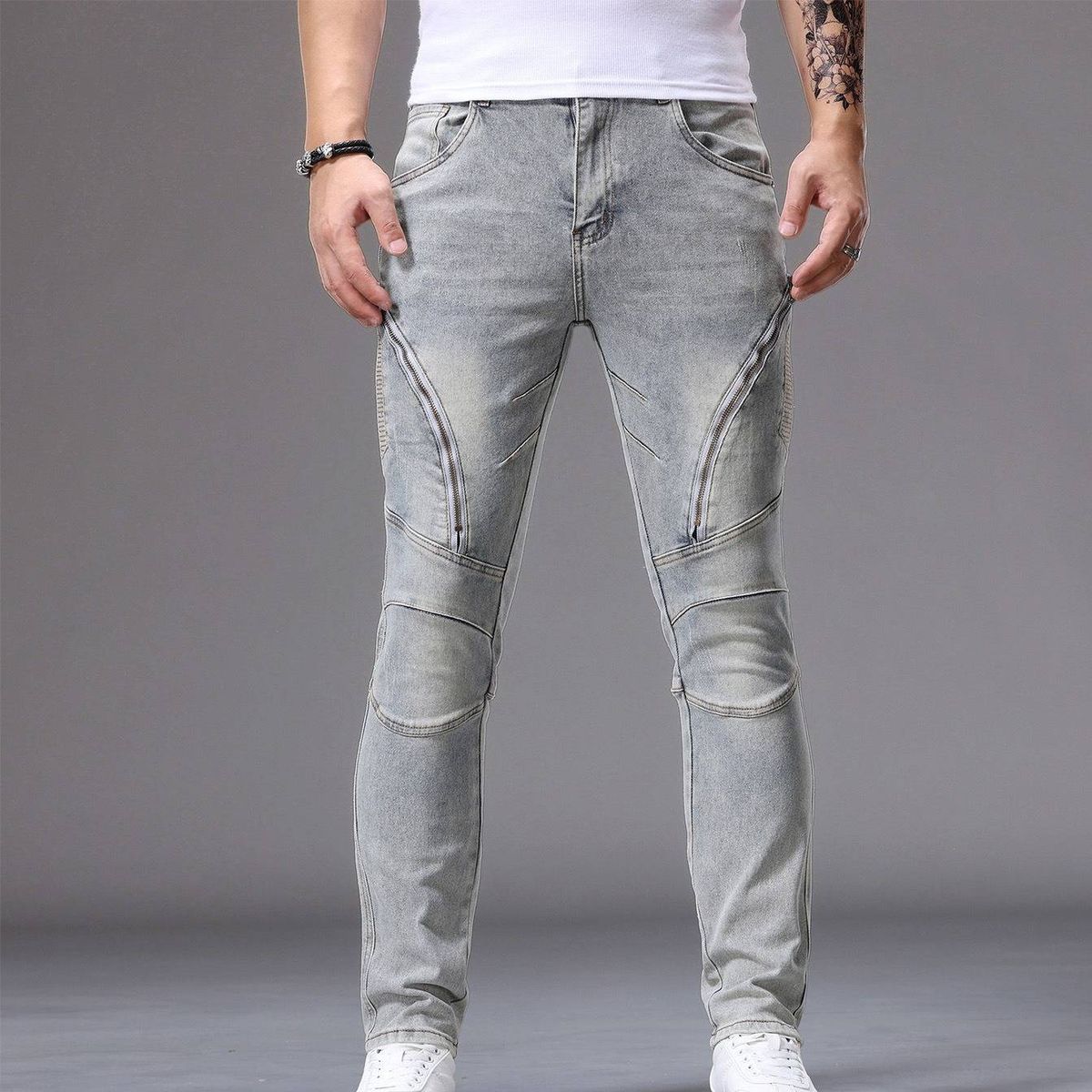 Retro Stretch Denim Jeans Zipper Patchwork Motorcycle Style Men's Trendy_mkmklike.com