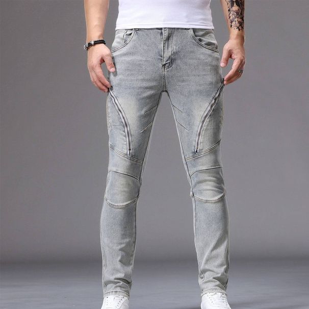 Retro Stretch Denim Jeans Zipper Patchwork Motorcycle Style Men's Trendy_mkmklike.com