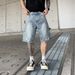 Men's Distressed Denim Shorts With Rhinestone Embellishments – Streetwear Cargo Design, Relaxed Fit (Black/Retro Blue, 6 Sizes, Stretch Comfort)_mkmklike.com