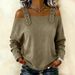 Women's Off Shoulder Long Sleeve Denim Blouse, Adjustable Strap Cold Shoulder Casual Top, Loose Fit Curved Hem Jeans Shirt For Daily Wear Streetwear,_mkmklike.com
