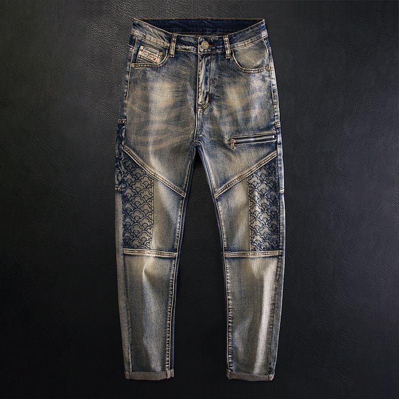 Men's Slim Fit Motorcycle Jeans With Retro Embroidery - Vintage Blue Stretch Comfort For Autumn Riding_mkmklike.com