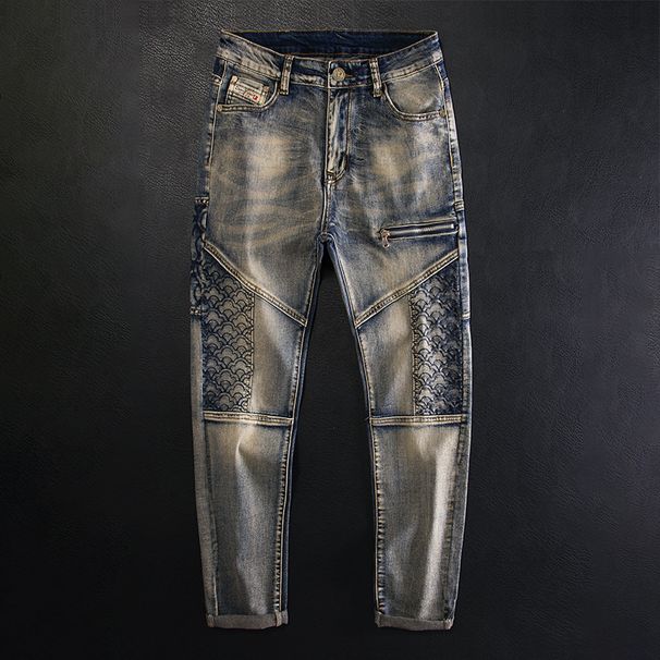 Men's Slim Fit Motorcycle Jeans With Retro Embroidery - Vintage Blue Stretch Comfort For Autumn Riding_mkmklike.com