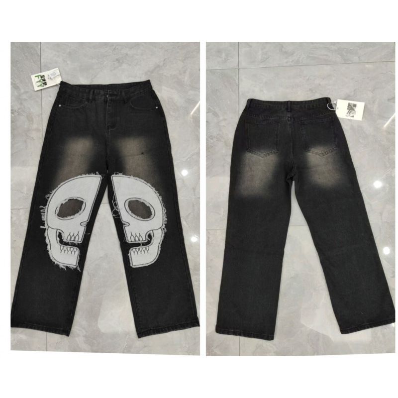Men's Clothing High Street Washed Distressed Stitching Logging Jeans Men's Retro Fashion Trend Ink Splashed Print Wide Leg Trousers_mkmklike.com