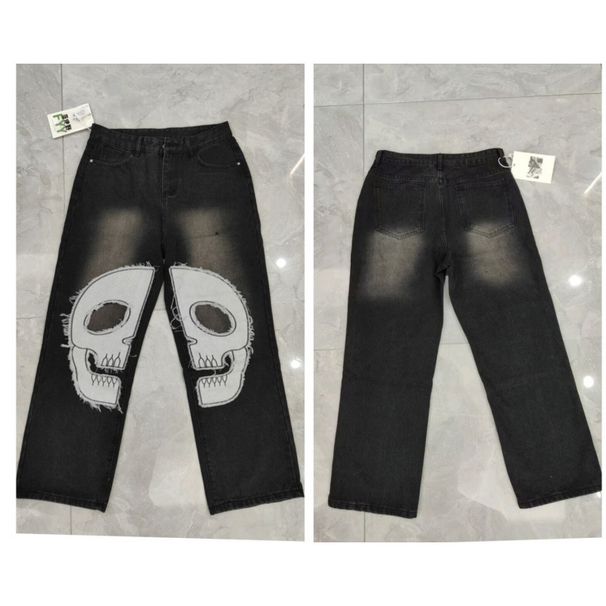 Men's Clothing High Street Washed Distressed Stitching Logging Jeans Men's Retro Fashion Trend Ink Splashed Print Wide Leg Trousers_mkmklike.com