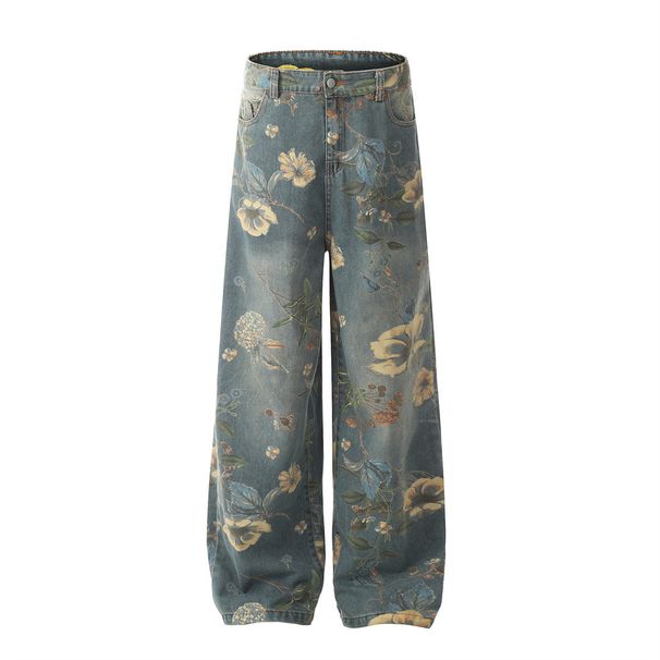 Full Floral Print Design Sense Niche Loose Wide-Leg Denim Unisex Vibe Trendy Brand Floor-Length Dad Pants_mkmklike.com
