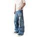 Men's Vintage American Workwear Jeans – Distressed Light Wash With Multi-Pocket Design, Loose Fit & Raw Hem Detail_mkmklike.com