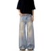 "Men's Ice Blue Straight Leg Denim Jeans – Oversized Retro Washed Style With Long Dragging Hem (Loose Fit, Streetwear Essential)"_mkmklike.com