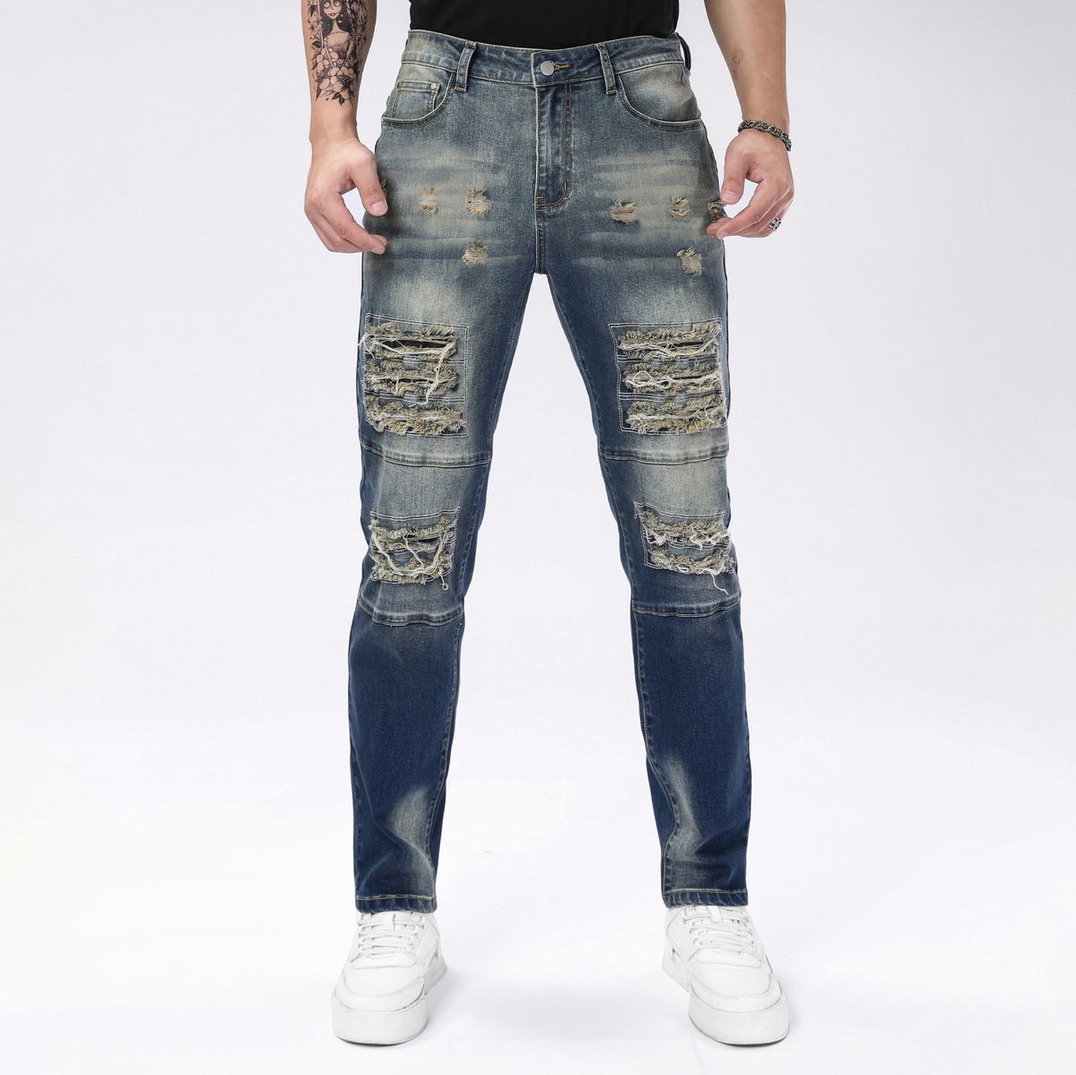 Men's Stretch Skinny Jeans With Distressed Details, Slim Fit, Dark Blue Distressed Men's Trousers_mkmklike.com