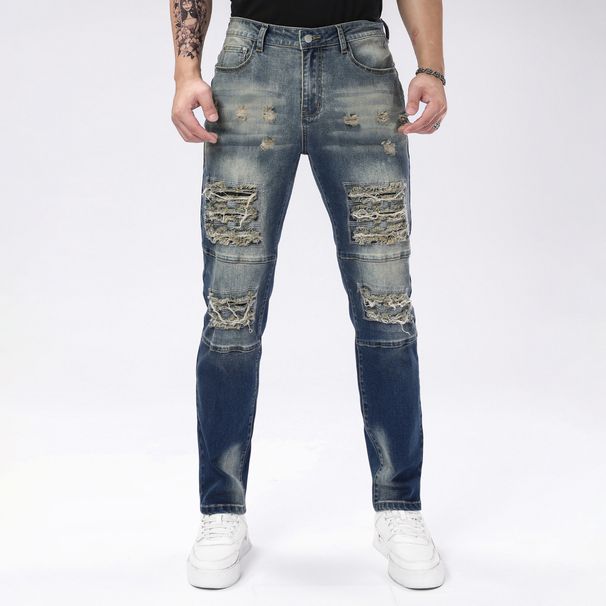 Men's Stretch Skinny Jeans With Distressed Details, Slim Fit, Dark Blue Distressed Men's Trousers_mkmklike.com