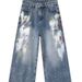 Unisex Korean Style Graffiti Splatter Paint Jeans Straight Leg Loose Fit Wide Leg Trousers Trendy Blue Non-Stretch Long Pants_mkmklike.com