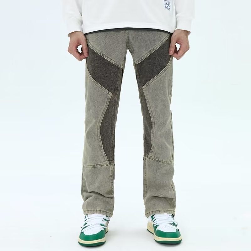 Men's High Street Style Contrast Color Stitching Distressed Jeans Loose Straight Pants Washed Effect_mkmklike.com