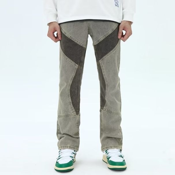 Men's High Street Style Contrast Color Stitching Distressed Jeans Loose Straight Pants Washed Effect_mkmklike.com