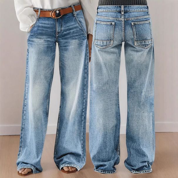 Women's Retro Mid-Waist Wide Leg Jeans Loose Fit Casual Long Pants Spring Fashion Trendy Cotton Solid Color_mkmklike.com