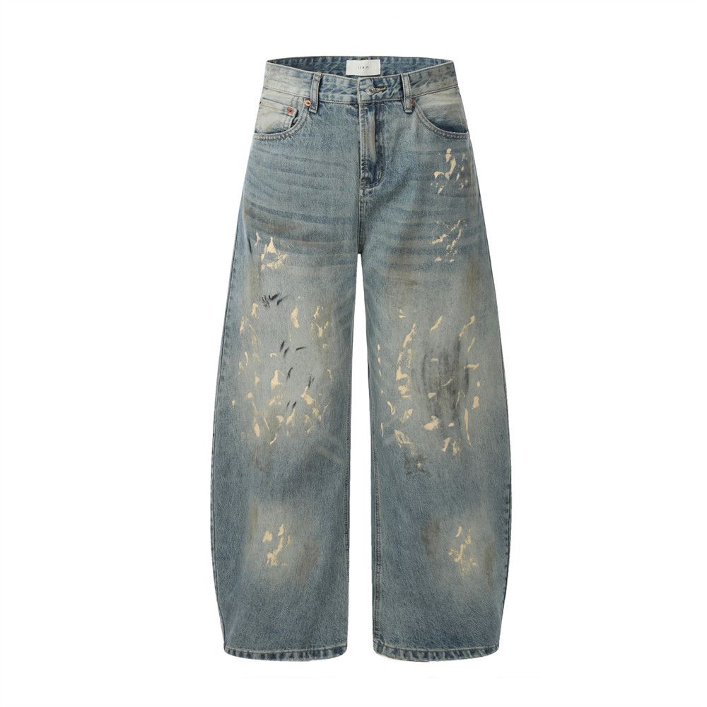 Paint Splatter Scimitar Jeans Street Fashion Punk Washed Frayed Vintage Dirty Wide-Leg Men's Loose Long Pants_mkmklike.com