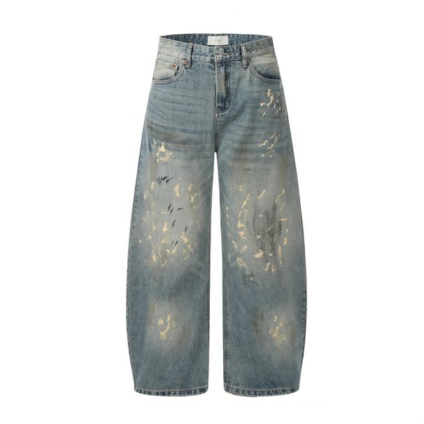 Paint Splatter Scimitar Jeans Street Fashion Punk Washed Frayed Vintage Dirty Wide-Leg Men's Loose Long Pants_mkmklike.com