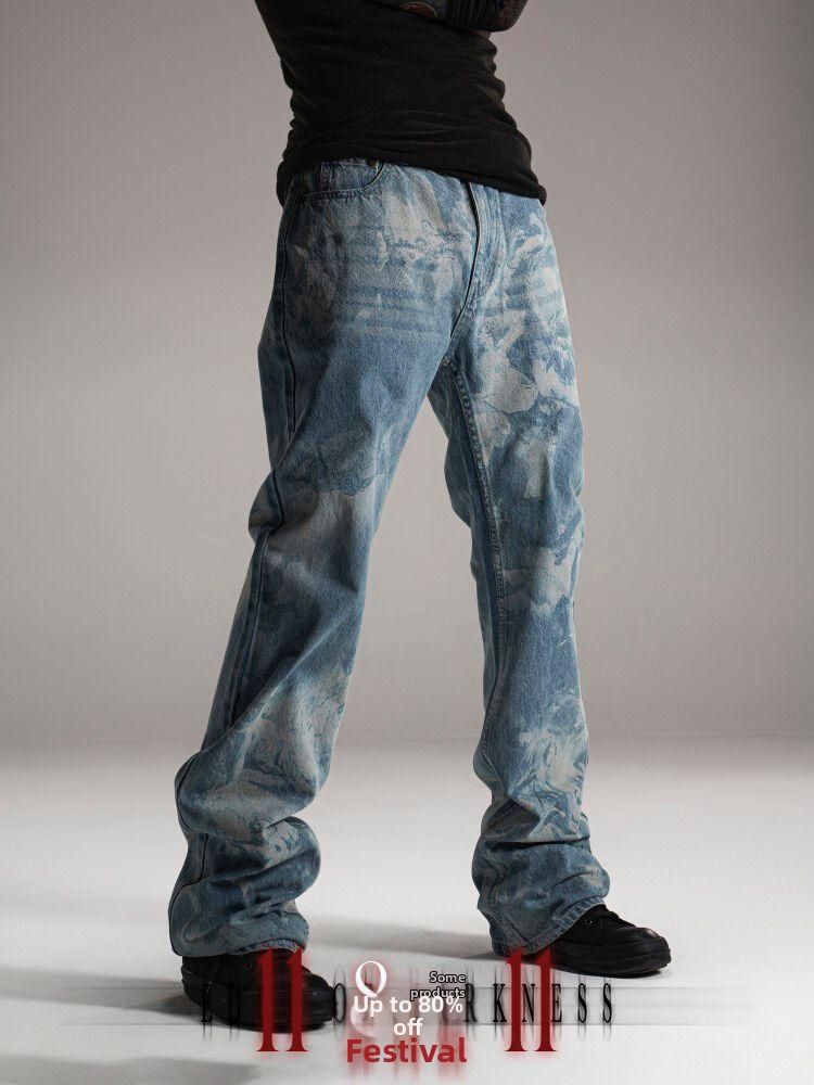 Men's Casual Washed Blue Jeans High Elasticity Loose Fitting Slightly Flared Distressed And Faded Finish With Totem Pattern_mkmklike.com