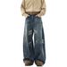 Men's Vintage Washed Distressed Jeans - Relaxed Fit Straight Leg With Whisker Detailing For Casual Streetwear & Clean Aesthetic_mkmklike.com