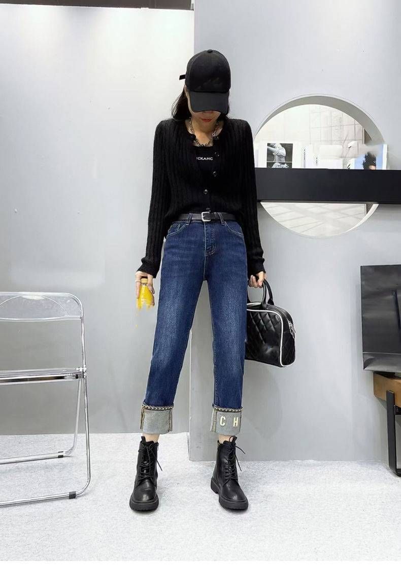 Women's Clothing new large size trousers chain letter straight pants high waist slim all match jeans _mkmklike.com