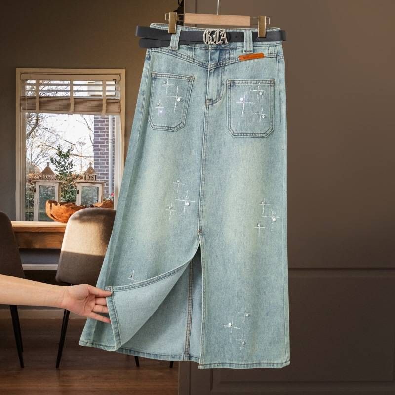 Women's Clothing Split Diamond Denim Skirt Female New Spring High Waist Slim Slimming Midi Skirt_mkmklike.com