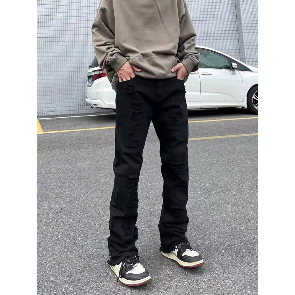 Men's Clothing Vintage Distressed Denim Jeans With Raw Hem & Frayed Details, Straight Leg To Slight Flare Fit, High Street Fashion For Casual Wear_mkmklike.com