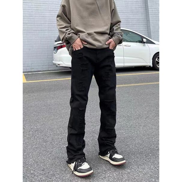 Men's Clothing Vintage Distressed Denim Jeans With Raw Hem & Frayed Details, Straight Leg To Slight Flare Fit, High Street Fashion For Casual Wear_mkmklike.com