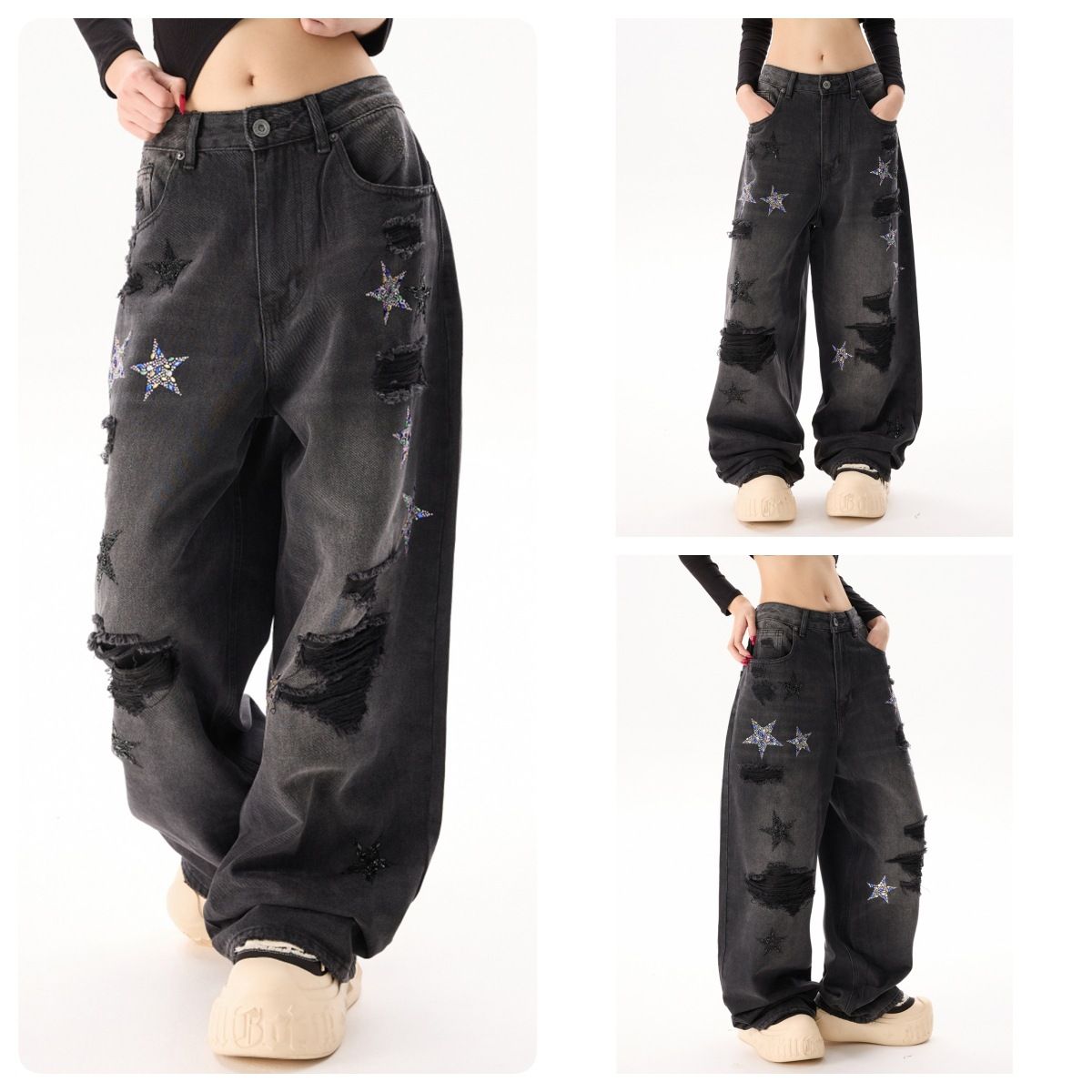 Men's Clothing Star Embroidered Straight Leg Jeans – Heavyweight Distressed Denim With Rhinestone Detailing (S-3XL, Black Wash, No Stretch)_mkmklike.com