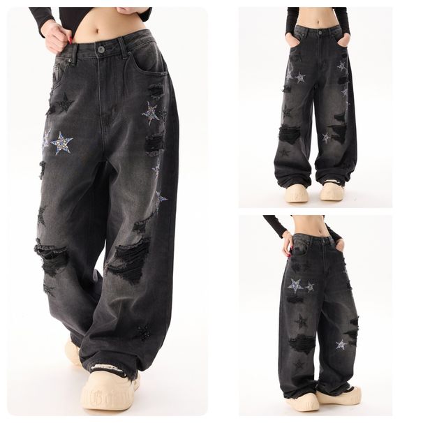 Men's Clothing Star Embroidered Straight Leg Jeans – Heavyweight Distressed Denim With Rhinestone Detailing (S-3XL, Black Wash, No Stretch)_mkmklike.com