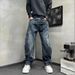 Men's Clothing Retro Patchwork Men's Jeans Trendy Loose Fit Straight Leg Cool Casual Wide Leg Curved Blade Design_mkmklike.com