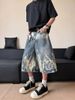 Men's Clothing Unisex High Street Lightning Bolt Pattern Denim Capri Shorts Street Style Over The Knee Mid Length Loose Wide Leg Trendy_mkmklike.com