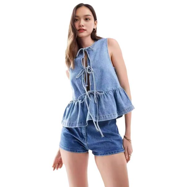 Women's Clothing Denim Vest Jacket Ruffled Lace Up Vest Top_mkmklike.com