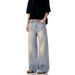 "Men's Ice Blue Straight Leg Denim Jeans – Oversized Retro Washed Style With Long Dragging Hem (Loose Fit, Streetwear Essential)"_mkmklike.com
