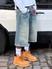 Men's Clothing Retro Washed High Street Denim Shorts For Men And Women Straight Wide Leg Distressed Loose Casual Versatile Cropped Pants_mkmklike.com