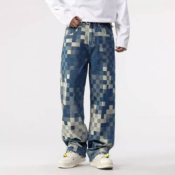 Men's Clothing Autumn New Checkerboard Loose Wide Leg Straight Casual Trousers_mkmklike.com