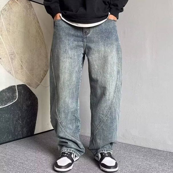Men's Clothing Jeans For Men High Street Fashion Brand Washed Distressed Scimitar Pants Versatile Loose Straight Casual Trousers For Men_mkmklike.com