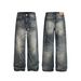 Unisex Deep Sea Blue A-Line Loose Straight Leg Jeans 14 Oz Versatile Casual Commuter Trousers Whiskers And Honeycomb Design_mkmklike.com